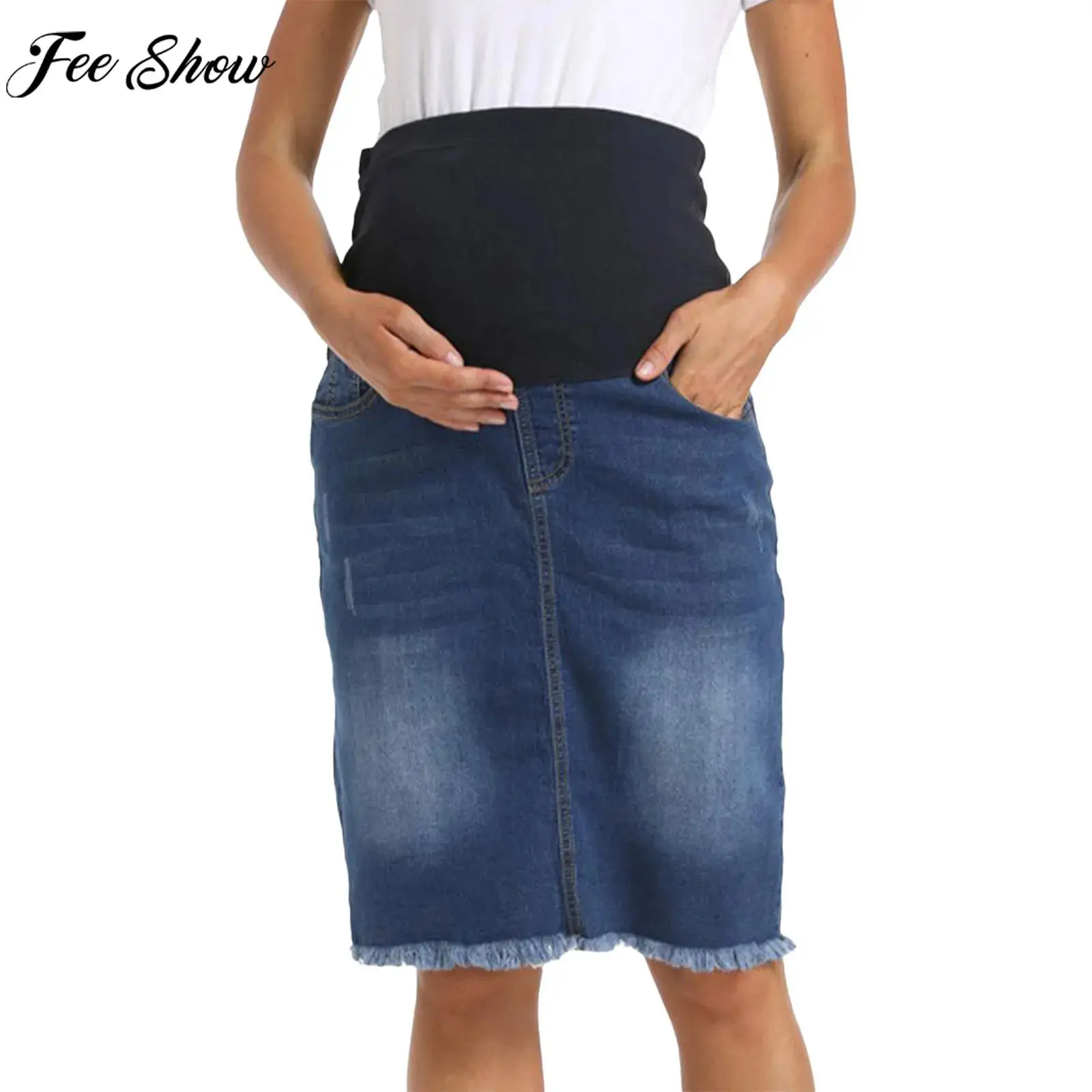 Maternity High Waist Over The Belly Denim Skirt Adjustable Waistband Knee Length Jeans Skirts Daily Office Party Street Wear