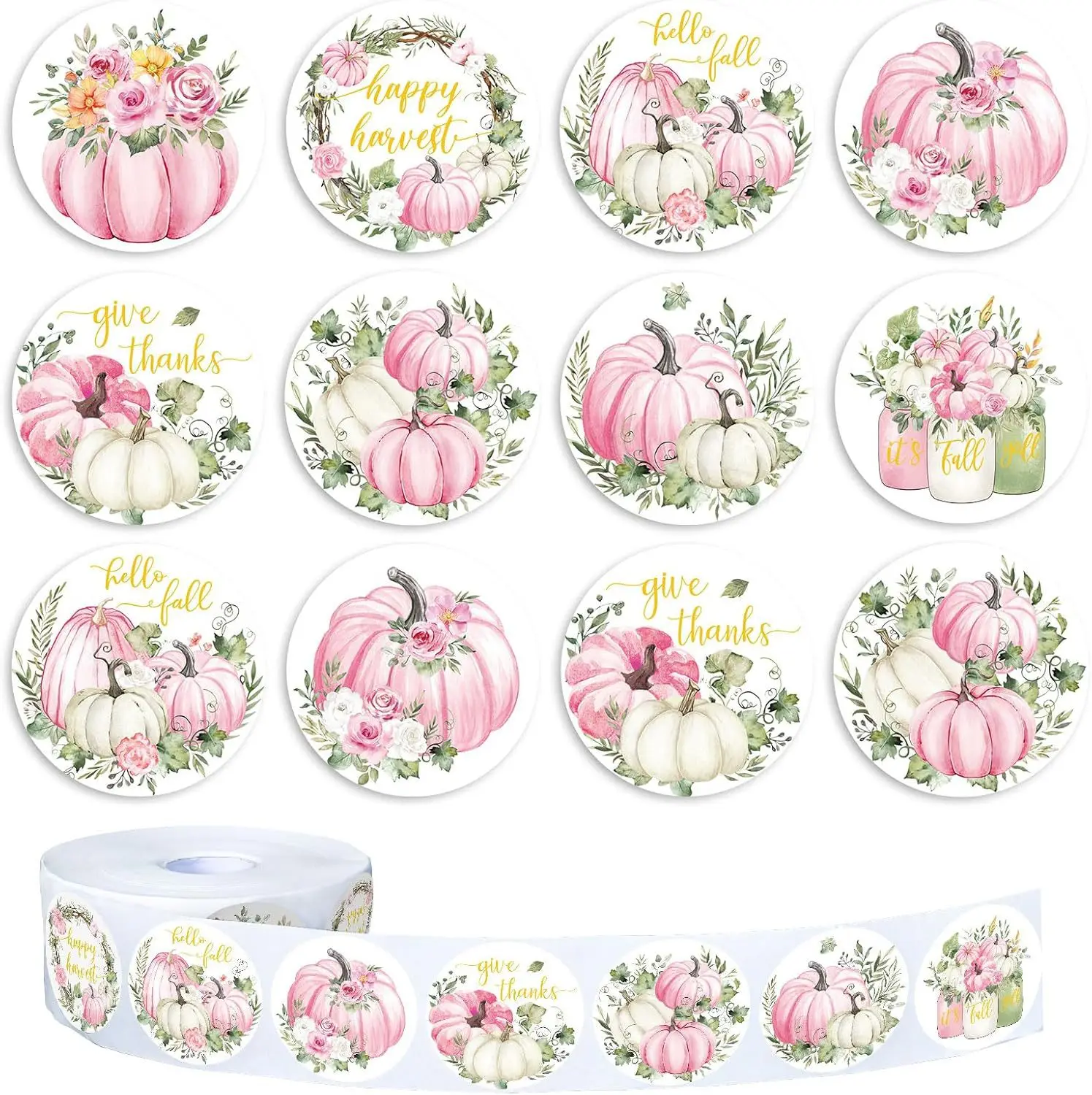 500 stks/rol Herfst Pompoen Roze Cartoon Afdichting Stickers DIY PVC Laptop Telefoon Cas Water Cup Decals Decoratie Beloning Geschenken speelgoed