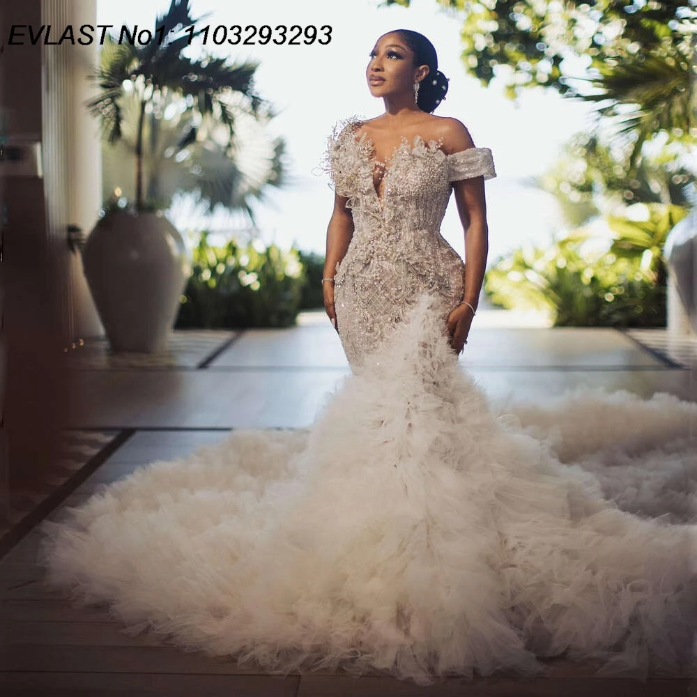 EVLAST Customized 2025 Mermaid Ruffles Wedding Dress Applique Beading Vestido De Novia Layered Bridal Gown Robe De Mariee TMD47