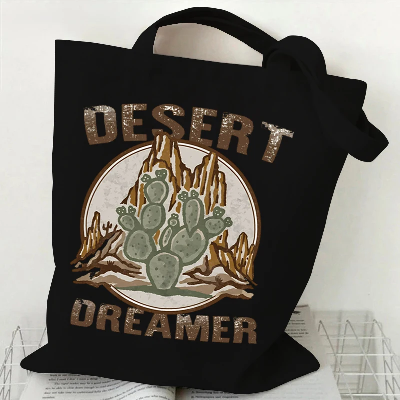 Desert Cactus Pattern Canvas Tote Bag Women Men Vintage Western Cowboy Style Shoulder Bag Lightweight Fashion Cactus Handbags