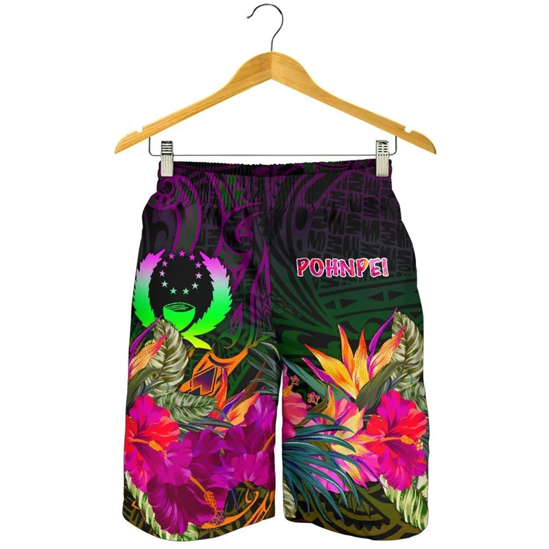 Pohnpei Men's Shorts Hawaii Beach Short Trunks Summer Hibiscus Swim Trunks Gym Ice Shorts Boy Polynesian Floral Board Short Pant