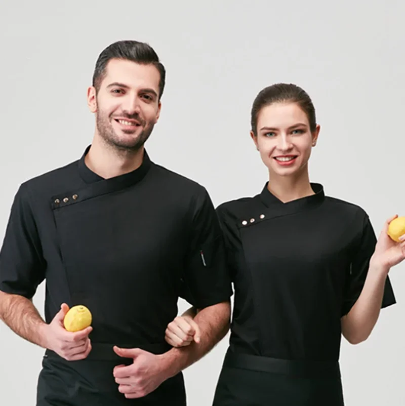 Chaqueta de Chef de manga corta para hombre y mujer, abrigo de cocinero, uniforme de camarero, restaurante, Hotel, Pastelería, Cocina