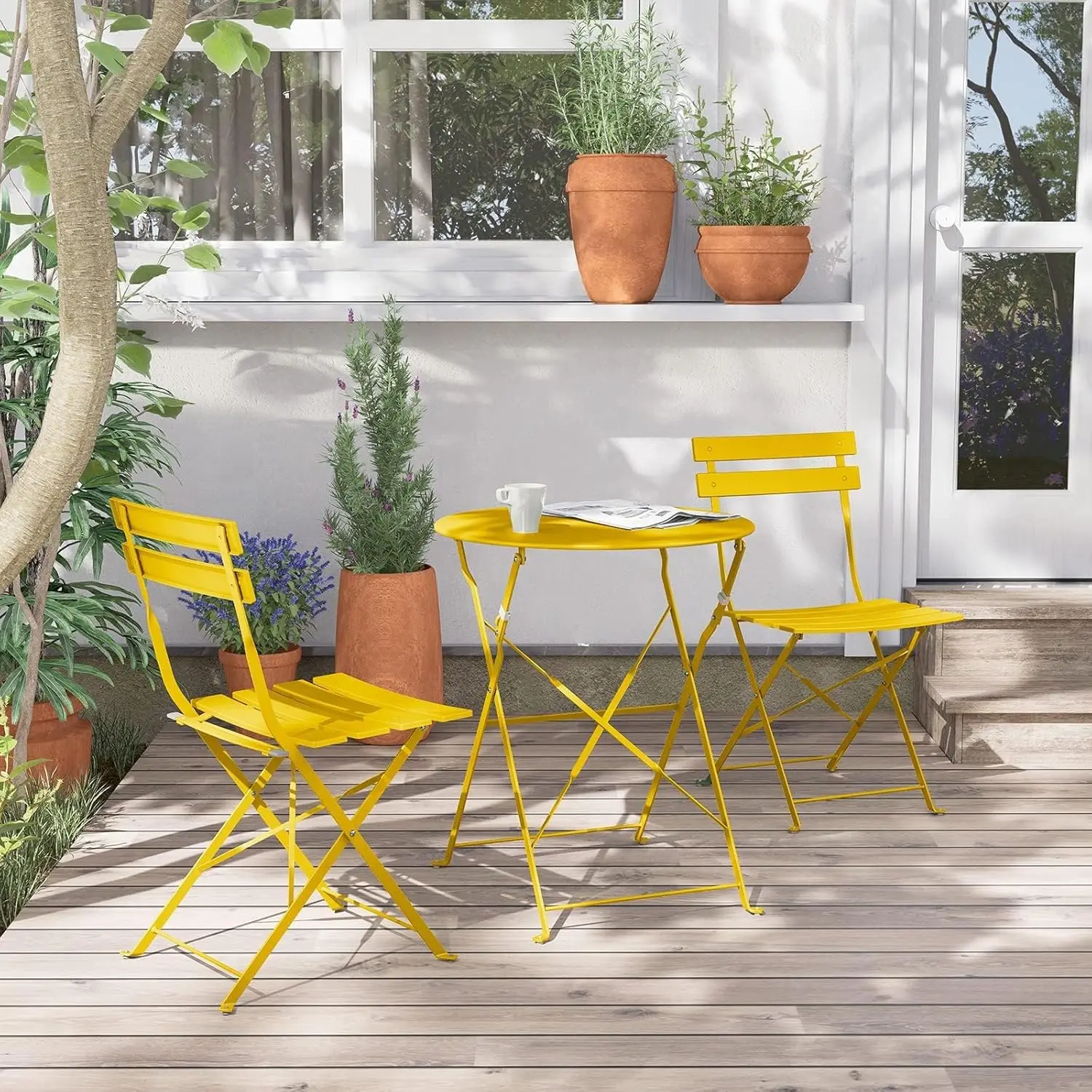 3-Piece Premium Frame Bistro Set, conjuntos de móveis dobráveis ao ar livre, mesa dobrável e cadeiras