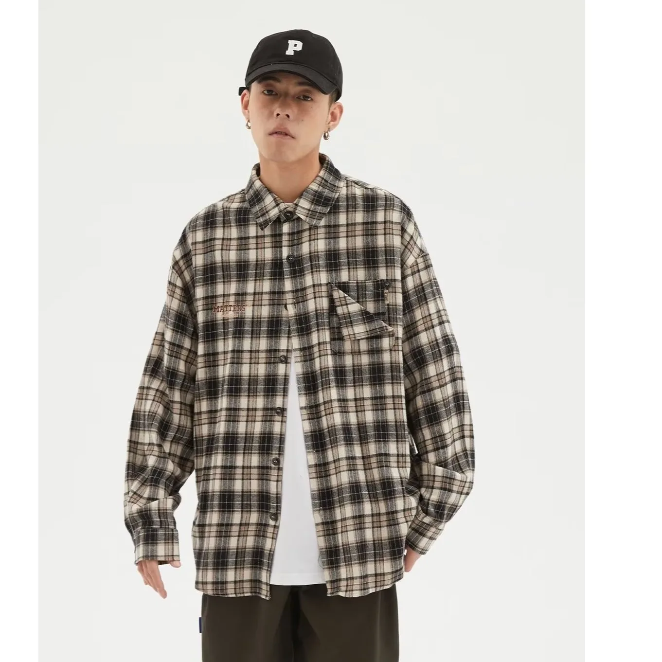 

Retro American Letter Embroidery Plaid Long Sve Casual irt Loose Fit Couple's Turn-down Collar Coat Jaet for Men