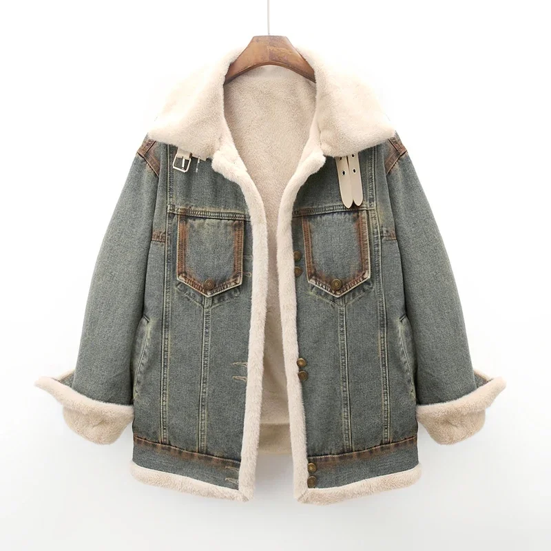 Winter Thick Warm Rabbit Hair Fleece Denim Jacket Women Vintage Cowboy Outerwear Loose Mid Long Stand Collar Jeans Jacket Female