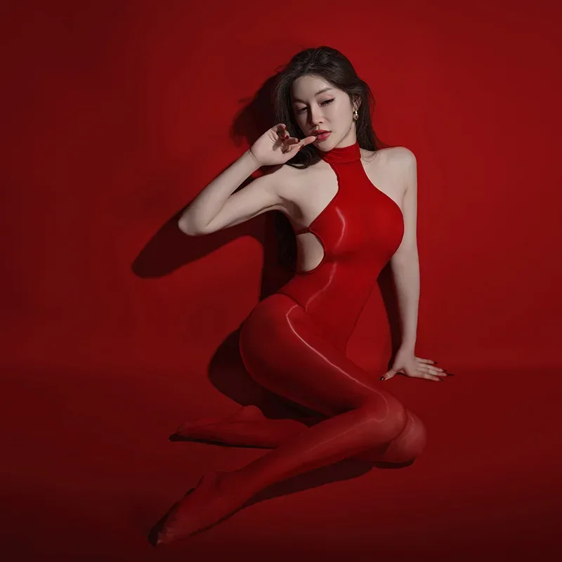 Oil Shiny Glossy Smooth Stockings Jumpsuits Women Backless Bodysuit Tights Wrap Pantyhose Open Crotch Underwear Erotic Lingerie