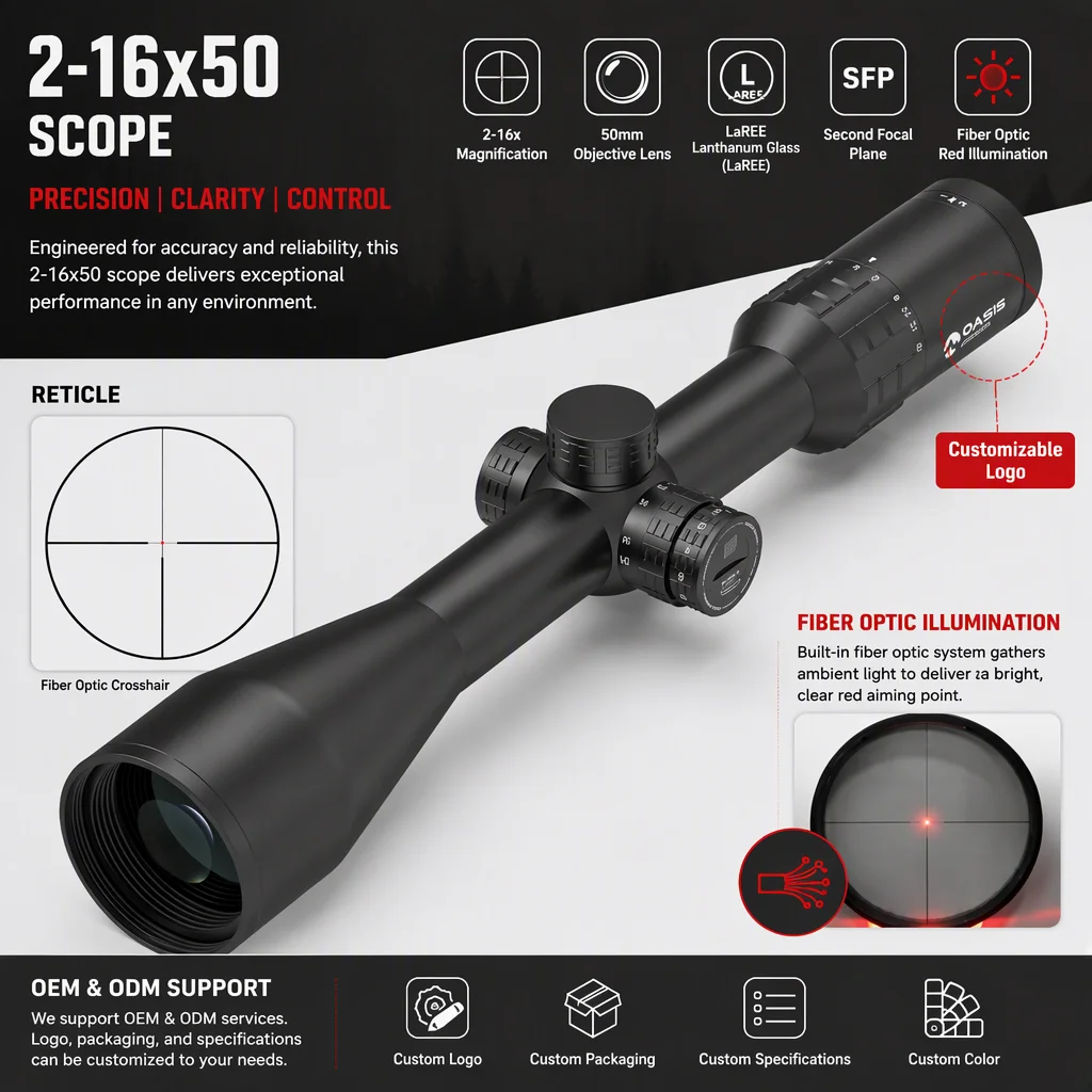 SPINA OPTICS OASIS 2-16x50 Riflescope Fiber Optic Illumination Second Focal Plane Scope BDC-Etched Glass Reticle Hunting Scope
