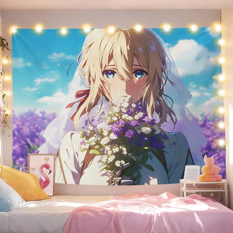 VIKAMA Blonde Anime Girl Newspaper Collage Tapestry Wall Hanging Close Up Retro Aesthetic Wall Art Otaku Dorm Bedroom Decor