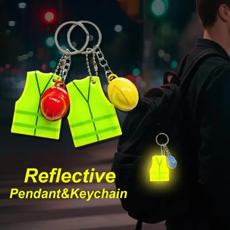 Creative Vest And Safety Helmet Shaped Keychain Night Travel Reflective Pendant For Backpack Luggage Accessories