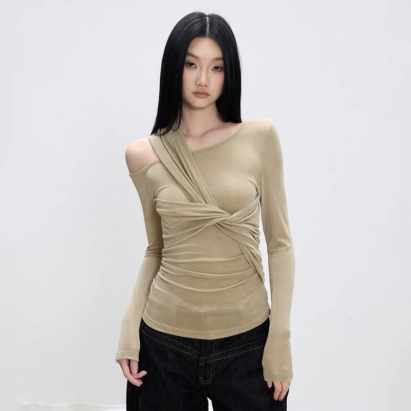 CUTENOVA خريف جديد وصول المرأة بلون الملتوية غير المتماثلة تصميم كم طويل سليم صالح علوي بسيط وأنيق عادية المحملة