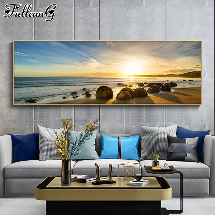 FULLCANG sunset beach natural scenery 5d large diy diamond painting full rhinestone embroidery sale calm sea wall decor FG0782