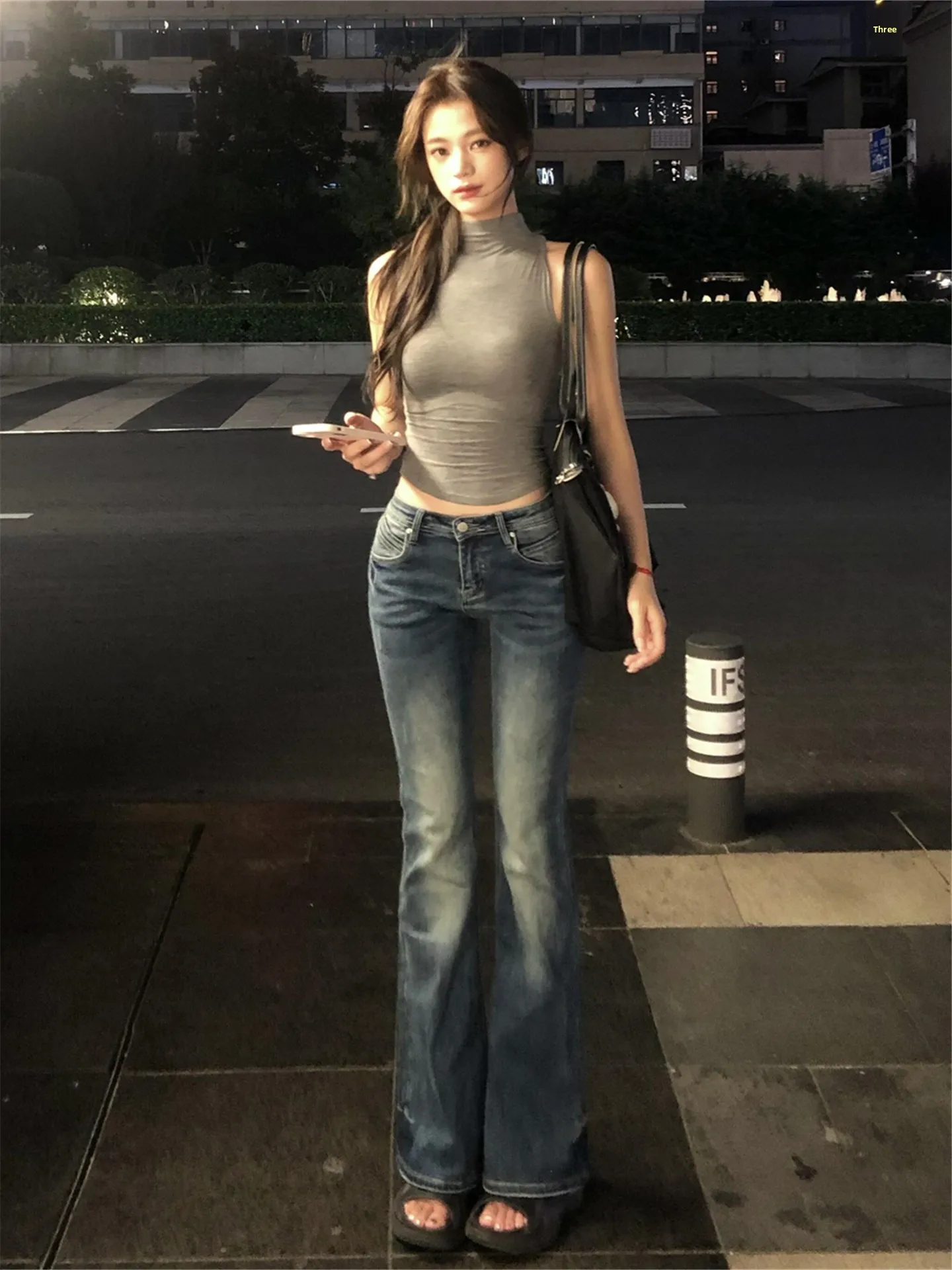 

Ретро американские уличные джинсы-колокольчики с низкой талией, женские утягивающие джинсовые брюки с высокой талией, повседневные хлопковые брюки