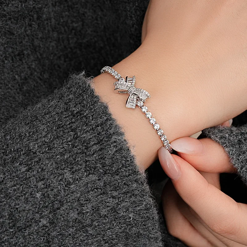 Super Flash Zircon Bow Adjustable Bracelet for Women French Light Luxury Versatile Bracelets Simple New Trendy Jewelry Wedding K view 3