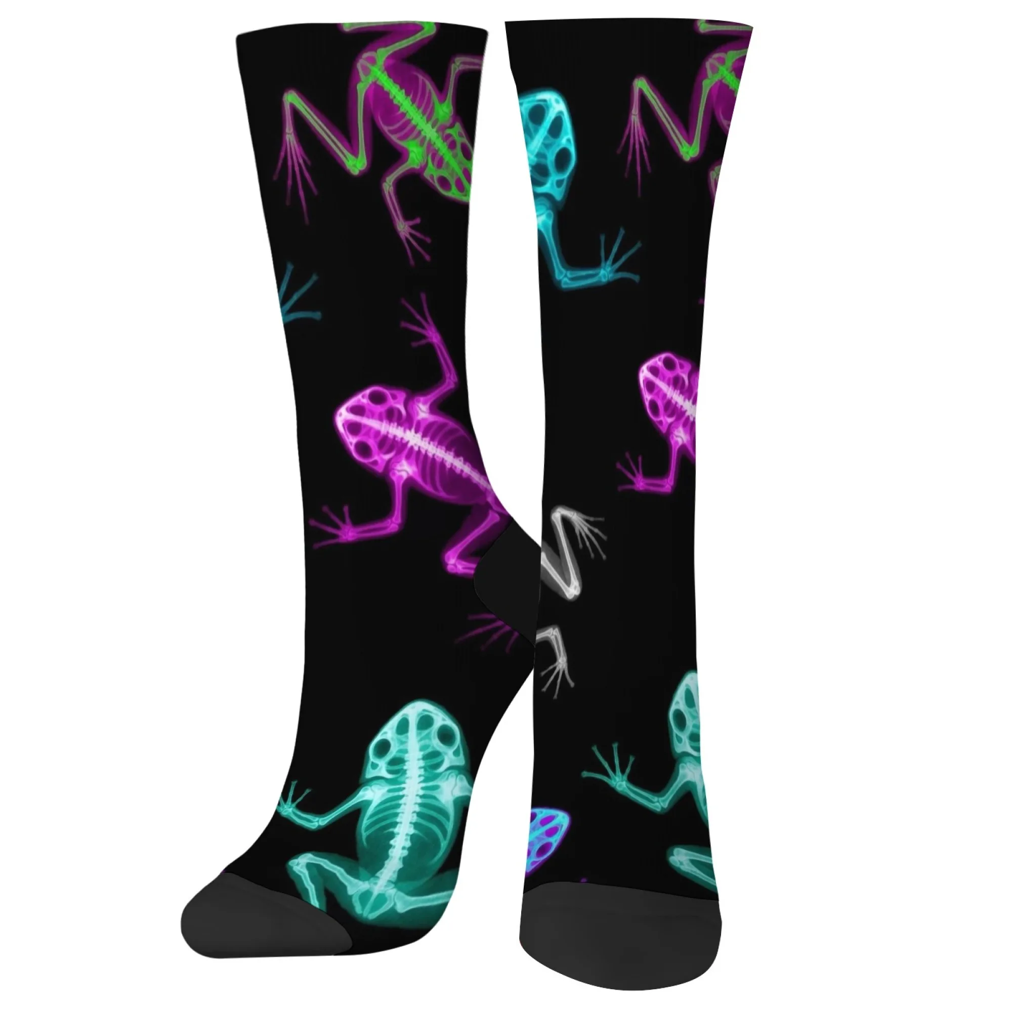 Colorful Iridescent X-ray Frog Skeleton Men Crew Socks Creative Pattern Funny for Nocturnal Loungewear & Sleepover Party Vibes