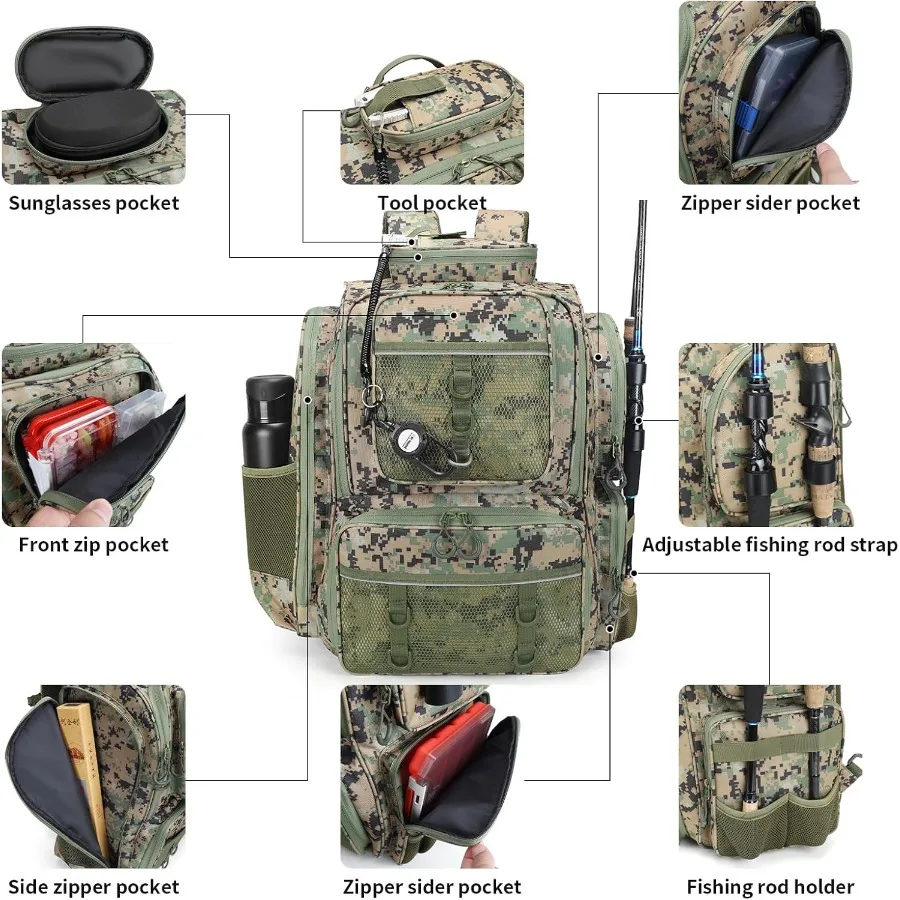 حقيبة ظهر لصيد الأسماك مع 4 صناديق معالجة لعشاق الصيد في الهواء الطلق، حقيبة أدوات ذات سعة كبيرة مصنوعة من متينة ومقاومة للماء