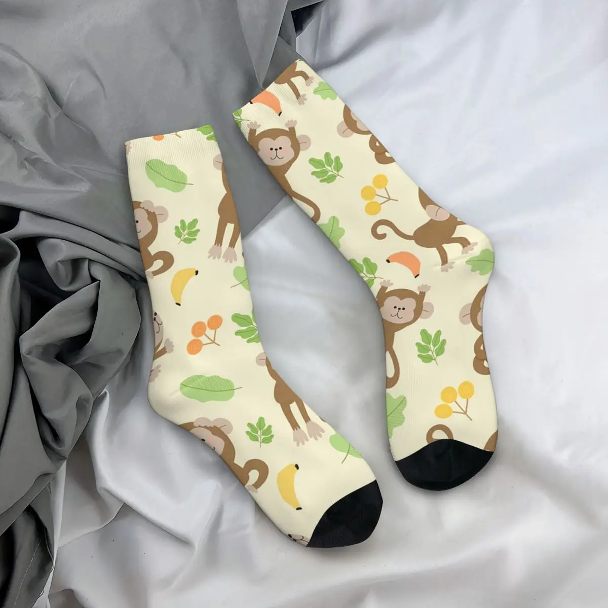 All Seasons Crew Stockings Cartoon Monkey With Leaves Pattern Socks Crazy Hip Hop Long Socks for Men Women Valentine's Day Gifts