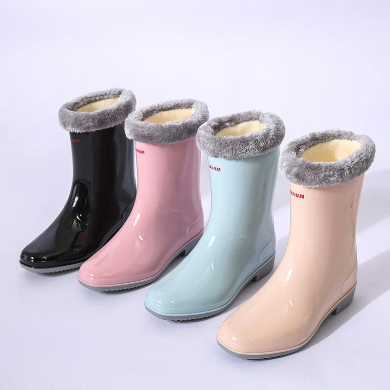 Mid-calf Rain Boots Women Platform Rubber Shoe Fashion Outdoor Slip on Rain Shoes Boots for Women Waterproof Work Botines Mujer