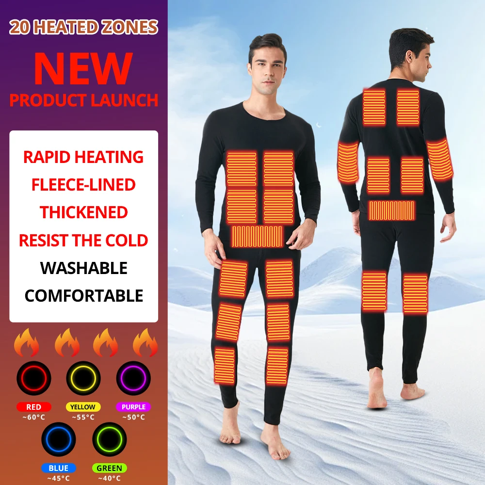 Nowy Zimowy Komplet Bielizny Grzewczej Sterowany Aplikacją na Smartfon, Regulacja Temperatury, Kurtka Grzewcza Narciarska, Kurtka Grzewcza z Polaru Zasilana Baterią USB