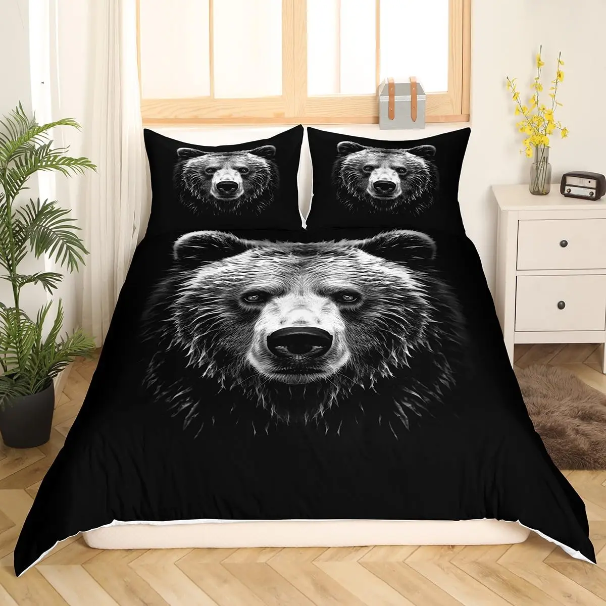 Black Bear Duvet Cover Countryside Rural Hunting Twin Bedding Set Country Wild Animal Comforter Cover Woodland Wildlife Bed Set