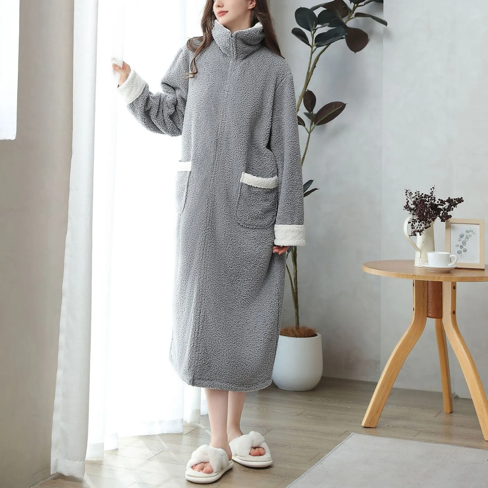 Womens Winter Warm Robe Full Zipper Bathrobes Ladies Housecoat Plush Fleece Warm Sleepwear Long Pajamas Nightgown Gifts