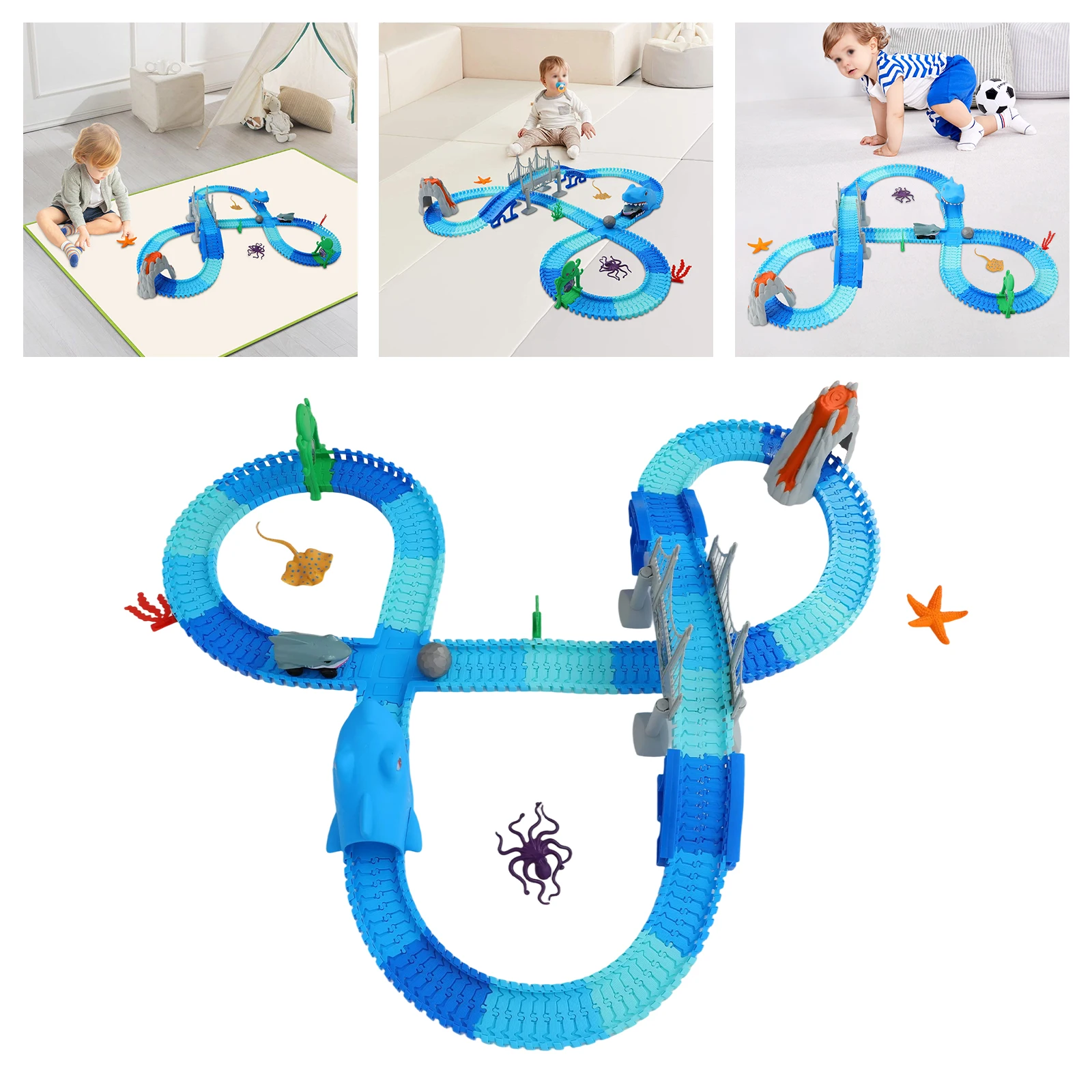

Track Toys, Shark Rail Car Coaster Toy Ocean Theme Shark Race Car Toy Flexible Racetrack Cars Ocean Train Toy