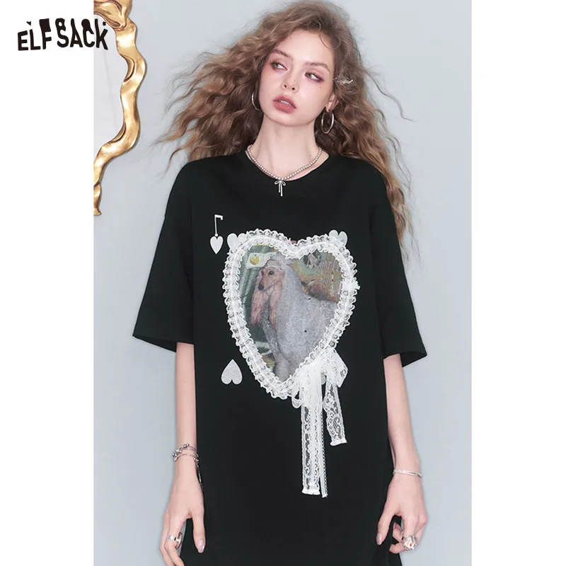 ELFSACK 2025 ฤดูร้อนมาถึงใหม่ Casual Lace Splicing พิมพ์ตาข่ายหลวมผู้หญิงเสื้อยืดยาวชุด