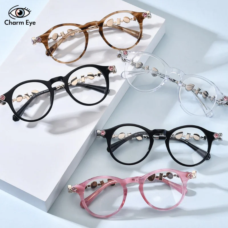 Luxury Women Round Eyeglasses Frame Sparkling Crystal Rhinestone Chain Arm Optical Glasses Fashion Myopia Prescription Glasses