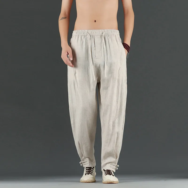 

Высококачественные мужские летние тонкие свободные брюки-харланы из чистого льна, большие размеры, хлопково-льняные брюки-фонари, повседневные длинные брюки