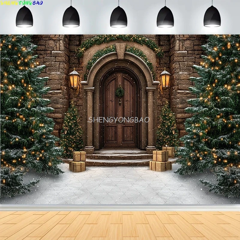 

Christmas Day Pine Tree Bell Wreath Photography Backdrops Indoor Fireplace Winter Elk New Year Family Portrait Background CT-07
