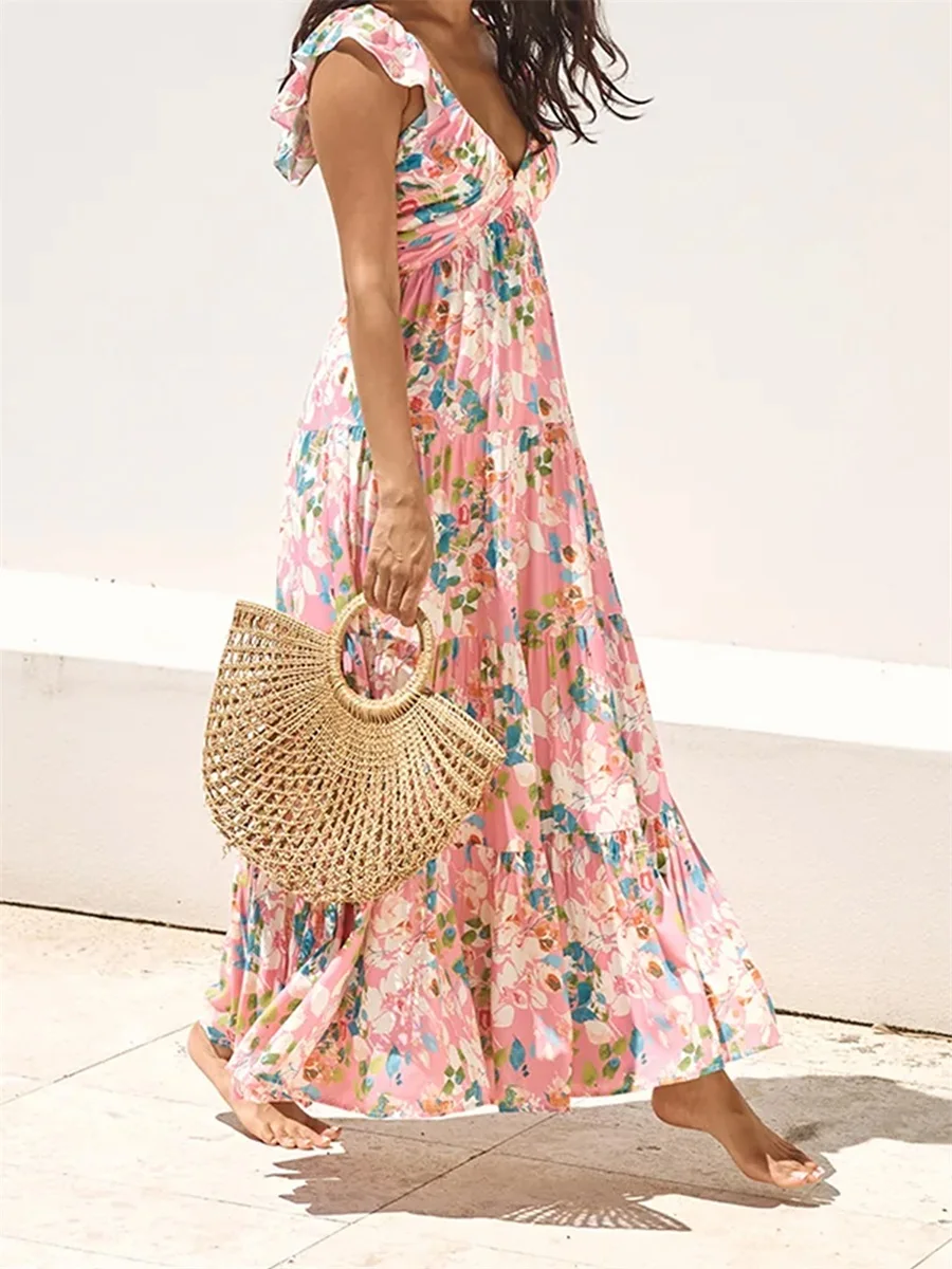แม็กซี่เดรสแขนกุดหรูหราพร้อมพิมพ์ลายดอกไม้ Boho และชายกระโปรงจับจีบ เหมาะสําหรับงานปาร์ตี้และกิจกรรมชายหาดฤดูร้อน