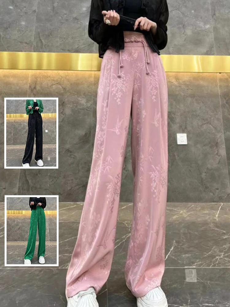 

Новые китайские широкие брюки для женщин с бахромой, утягивающие, повседневные, в пол, с принтом, из шелковистой ткани