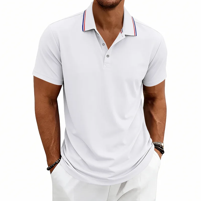 Men Summer Solid Color Polo Shirt Striped Trim Collar Button Placket Breathable Casual Golf Short Sleeve Tops