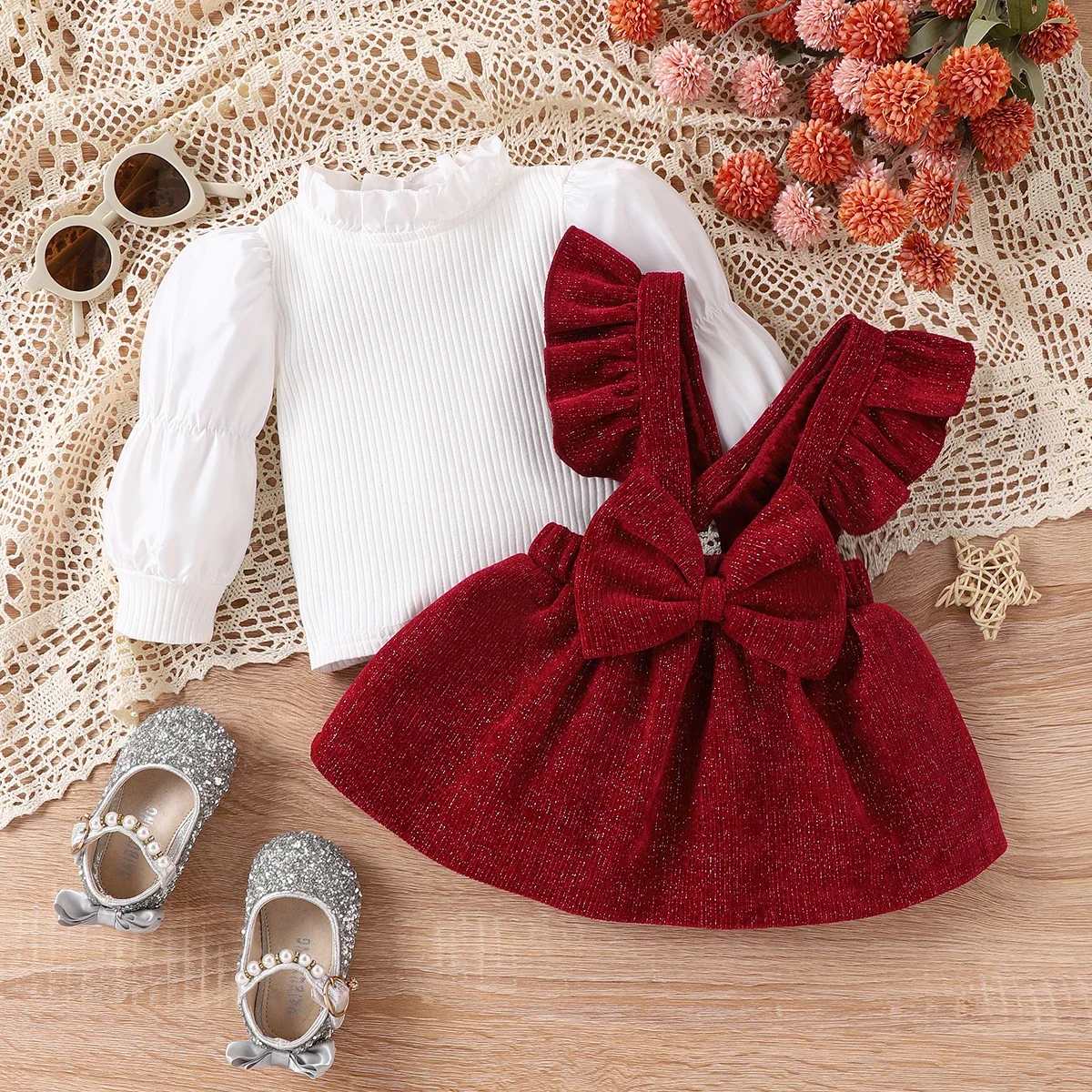 PatPat 2PCS Baby Girl  Sweet Solid Color Ruffle Edge Long Sleeve Dress Set Perfect for Outings and Daily Wear Basic Style