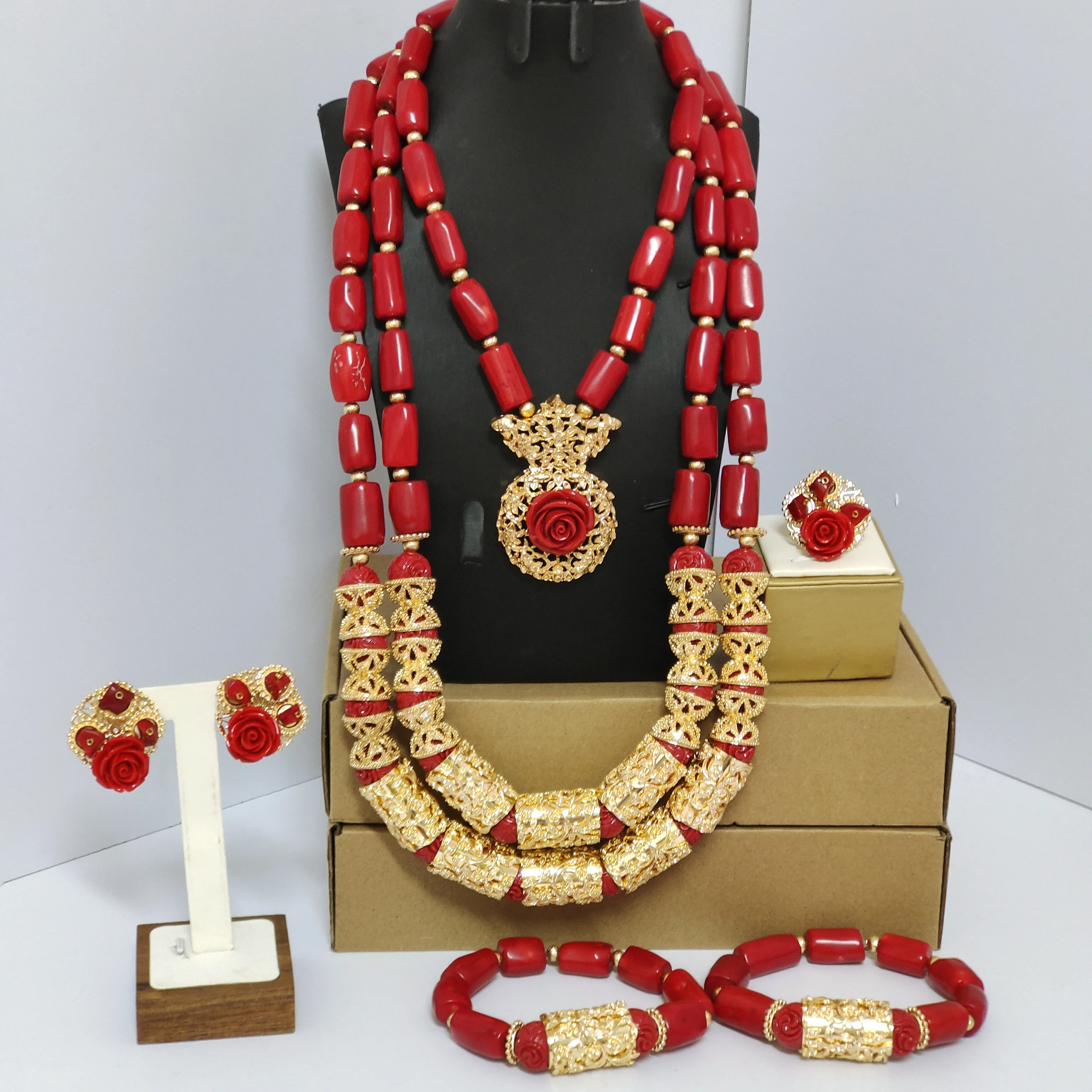 

Real Red/Orange/White Coral Necklace Bracelet Earrings Ring Nigerian Wedding African Beads Bridal Jewelry Sets