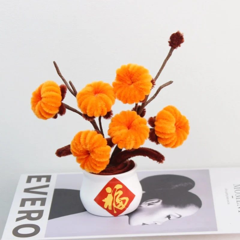 

PIPE Gold Persimmon flower Bonsai Handmade Artificial Flower Christmas‘ Day Gifts Handmade Potted Persimmon Flower Desk Brown