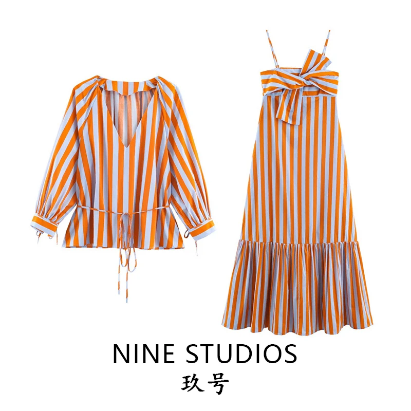 NINE ZAR Women's Striped Shirt Belted Dress Low Waist Long Sleeve Fashion Set 2026 Winter Collection Four Seasons Wear