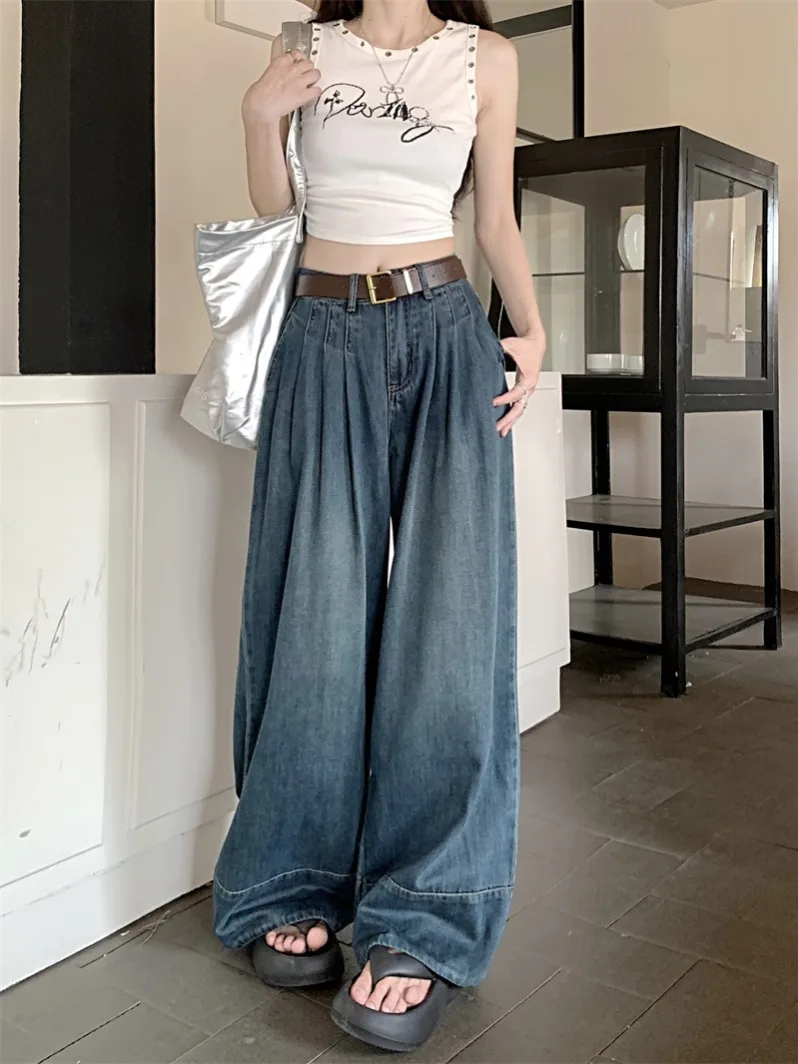 

Casual Style Blue Faded Wide Leg Jeans Women's Loose Fit Summer New Long Pants Drapey Loose Jeans High Waist Zipper Closure