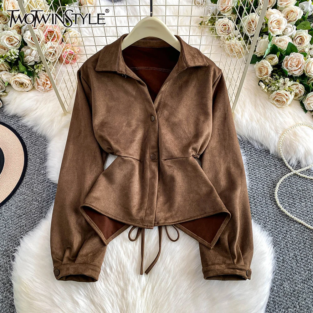

TWOTWINSTYLE Casual Solid Suede Fabric Jackets For Women Lapel Long Sleeve Spliced Lace Up Vintage Jacket Female Style KJA553035