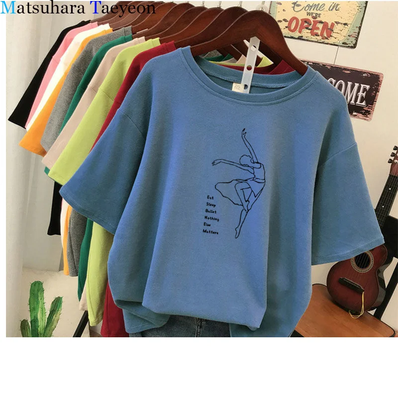 Ballet Girl Woman Cotton T Shirt for Women Summer Fashion Casual T Shirt Women Crew Neck Short Sleeve Korean Style Tee Tops