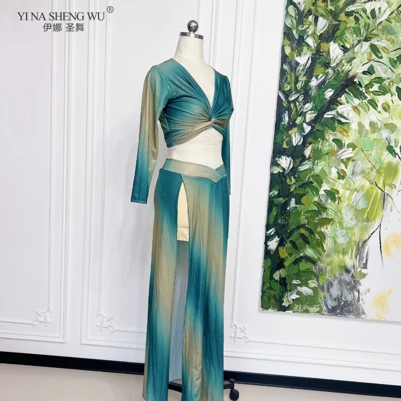 Feminino novo oriental dança do ventre desempenho traje de cintura alta dupla fenda saia longa prática terno dancewear roupas