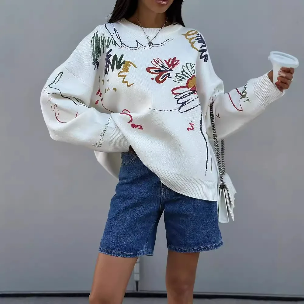 

2025 новый нишевый дизайн, цветной жаккардовый свитер для женщин, осенний пуловер с круглым вырезом, вязаный топ