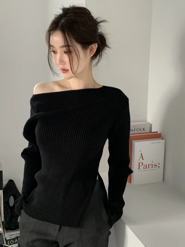 

Early Autumn Chic Faion Slim Fit Long Sve Knitted oulder Bared Women's Outerwear Trendy High-End Feeling Casual Wear