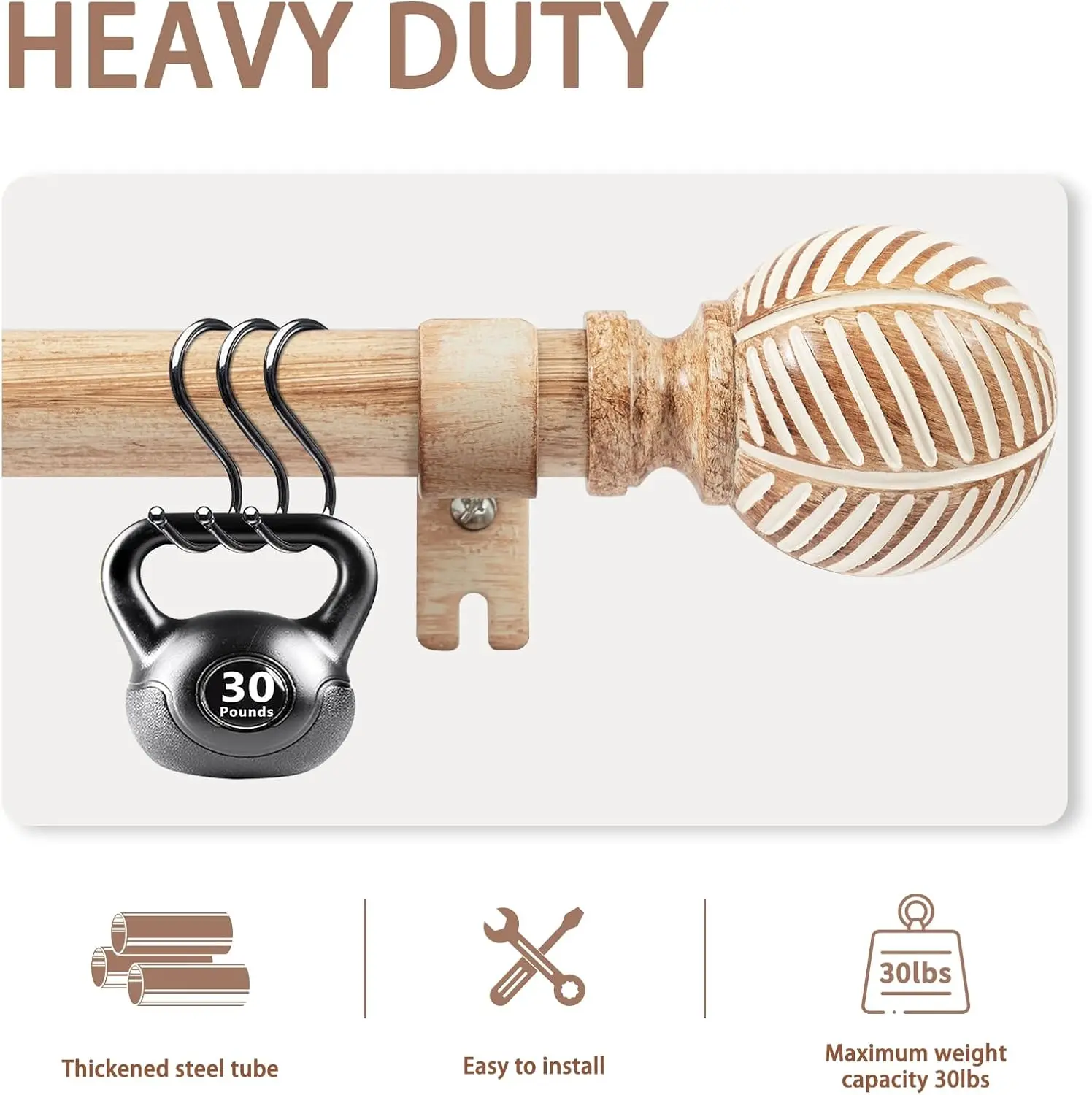 Wood Curtain Rods for Windows 32 to 168, 1 Inch Heavy Duty Drapery Rods with Imitation Wood Grain Leaf Pattern Finials, Indoor