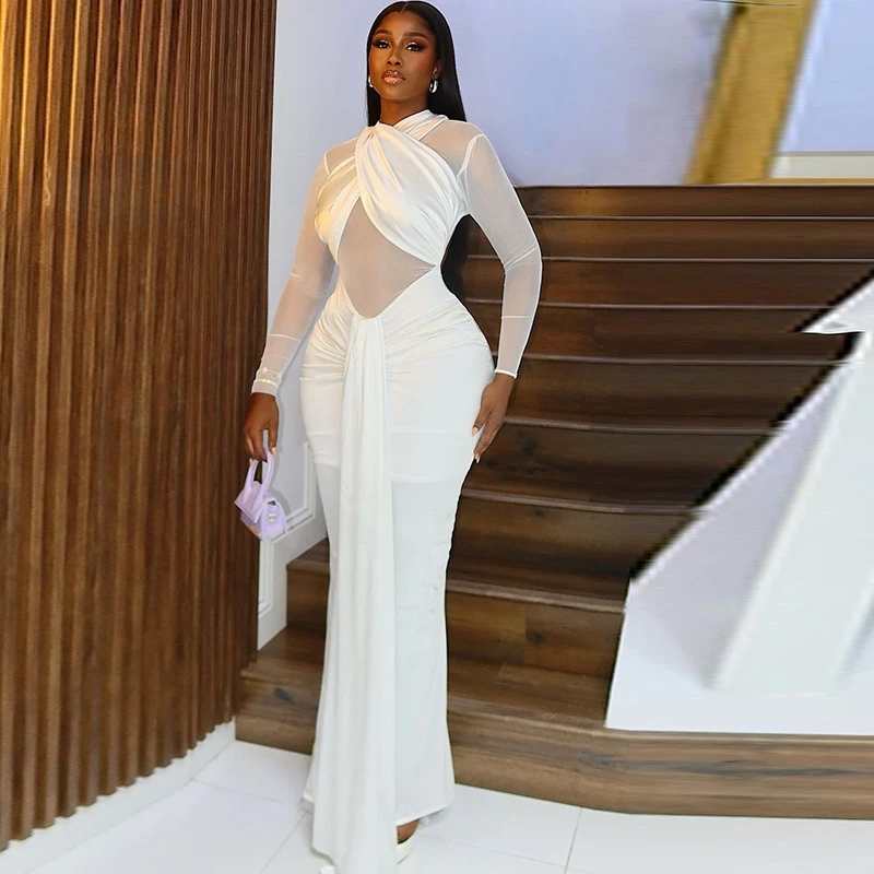 Vestido largo ajustado plisado de Color liso, cuello envolvente, ropa elegante transparente para mujer, diseño elegante, uso diario, ocasión de fiesta