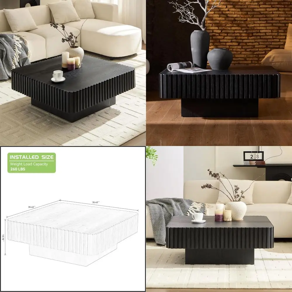 

35-inch Mid-Century Modern Drum Coffee Table, Handcrafted Round Wood Center Table for Living Room and Home Office, Black