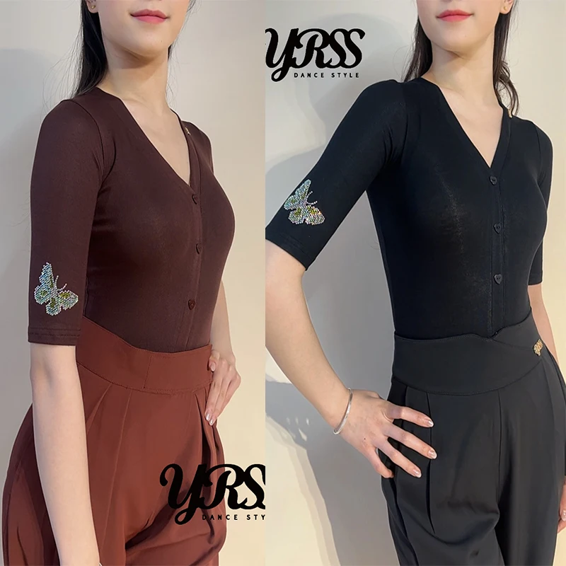 

V Neck Rhinestone Latin Dance Tops Short Sleeves Summer Ballroom Dance Practice Clothing Women Waltz Dance Wear Bodysuit BL18884