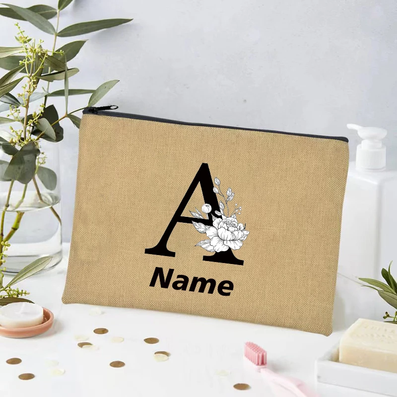 Monogram 26 Floral Letters Personalized Name Linen Cosmetic Bag Teachers Gift Ramadan Gifts Wallet Bridesmaid Gift Make Up Bag