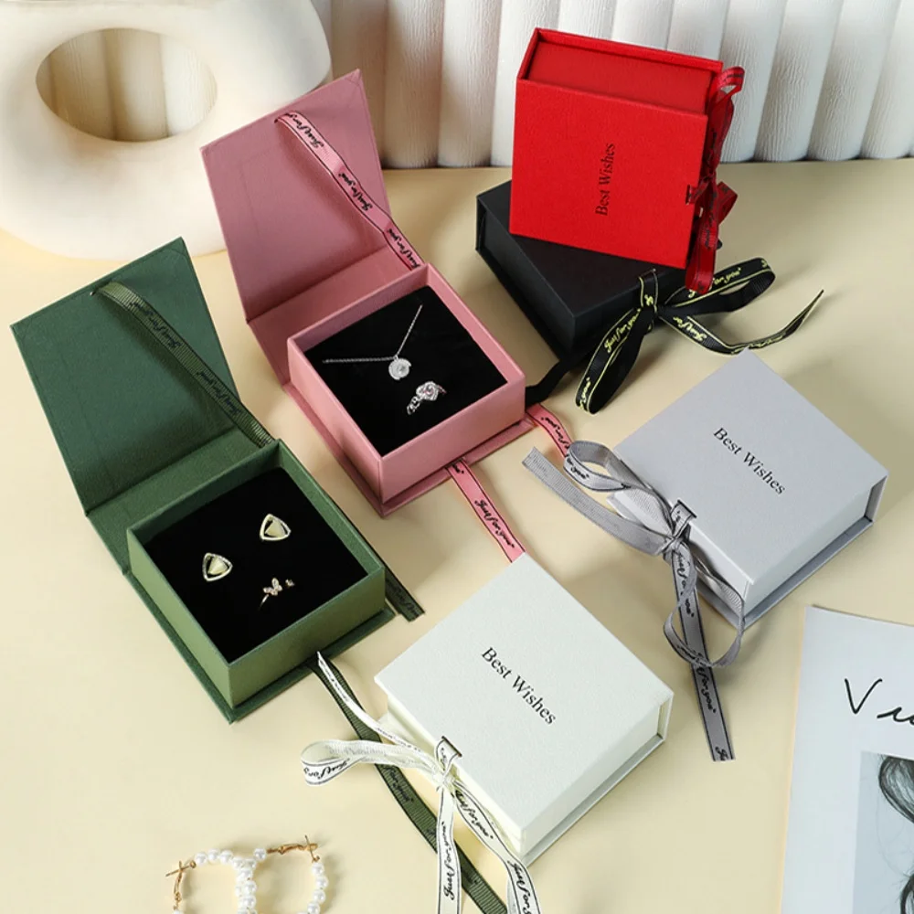 Bowknot Ribbon Flip Jewelry Box Ring Earrings Necklace Pendant Storage Box Book Shaped Jewelry Display Case Gift Packaging Box