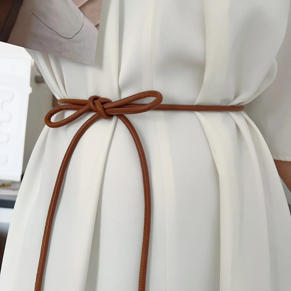 New Non-hole Round Rope Belt Waist Chain Solid Color Leather Thin Belt Sweater Strap Women