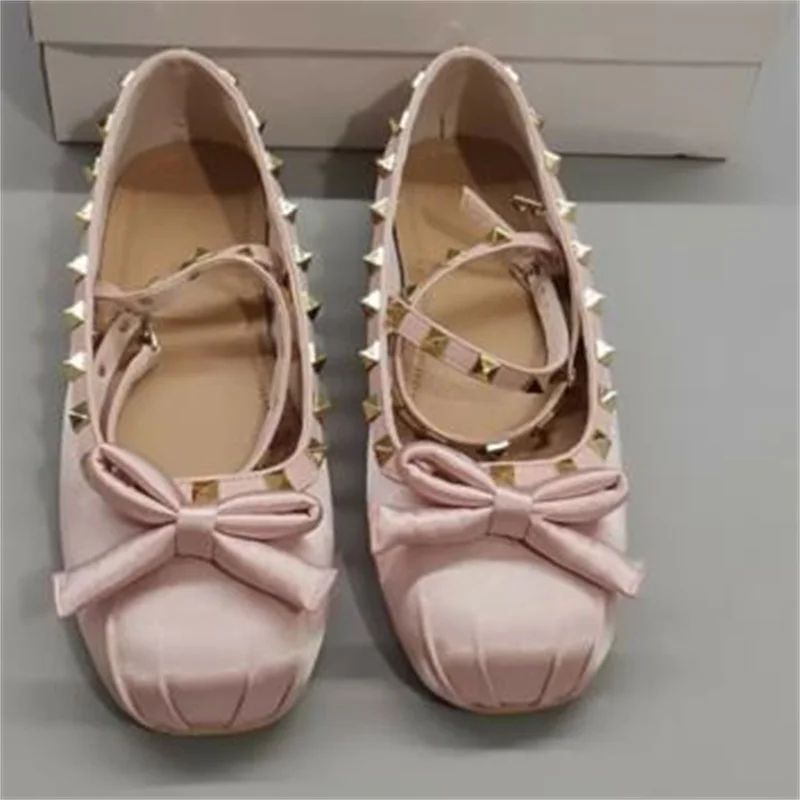 Butterfly-knot Designer Shoes for Ladies Rivets Ballet Female Crossover Belt Maxi Studs Femme Round Toe Women Satin Chaussures